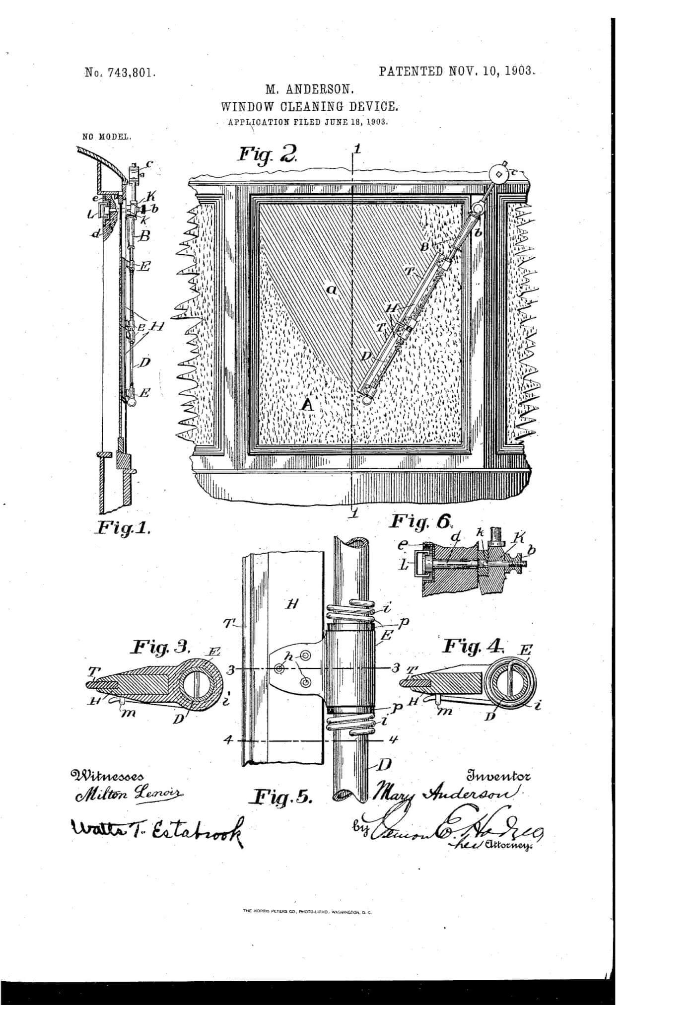 Photo from Mary Anderson's windshield wiper patent, 743,801