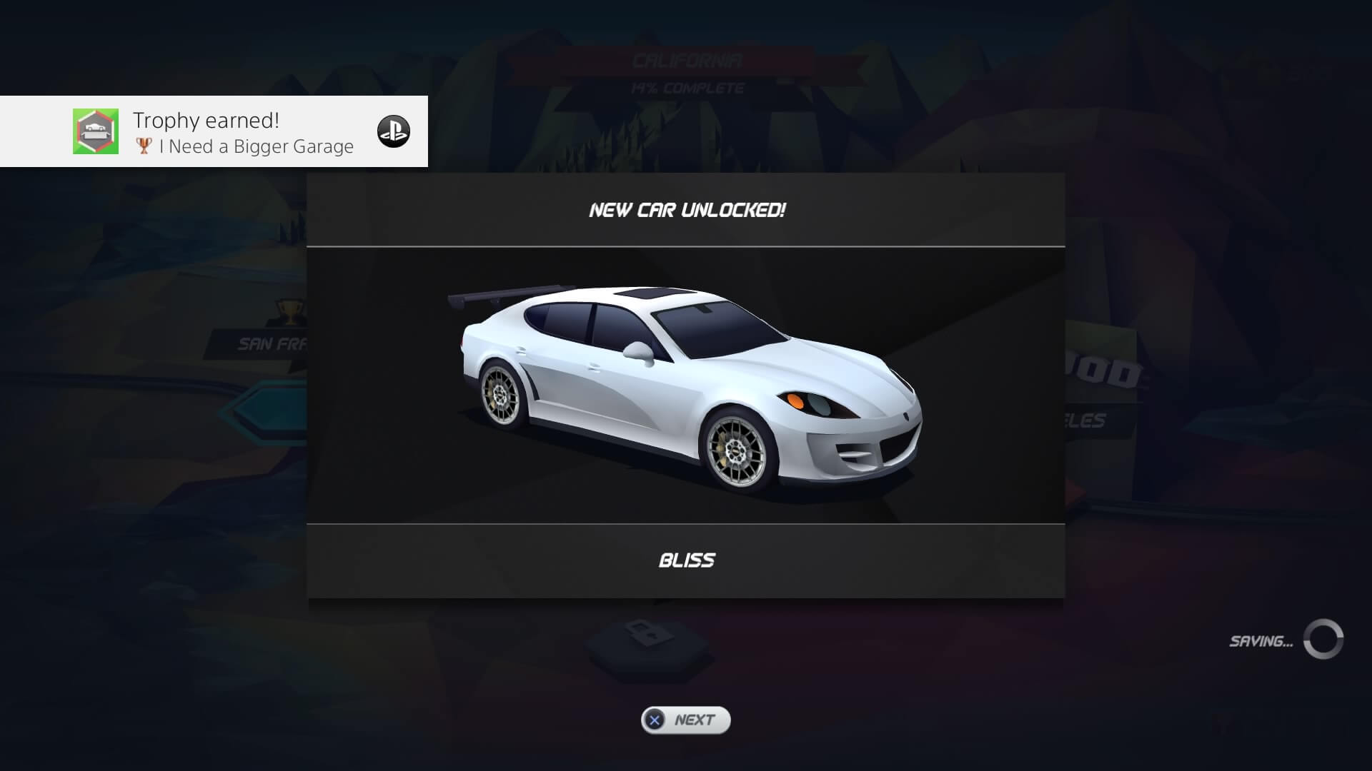 Screenshot of Horizon Chase Turbo game showing new car being unlocked