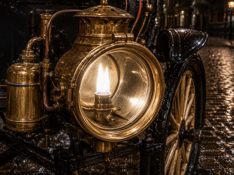 Acetylene headlamps used a bright gas flame and reflector to illuminate early automotive travel.