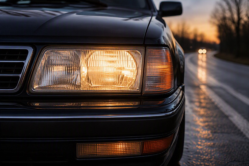 Halogen headlights use a tungsten filament and halogen gas to produce reliable illumination with a distinctive warm-colored beam.
