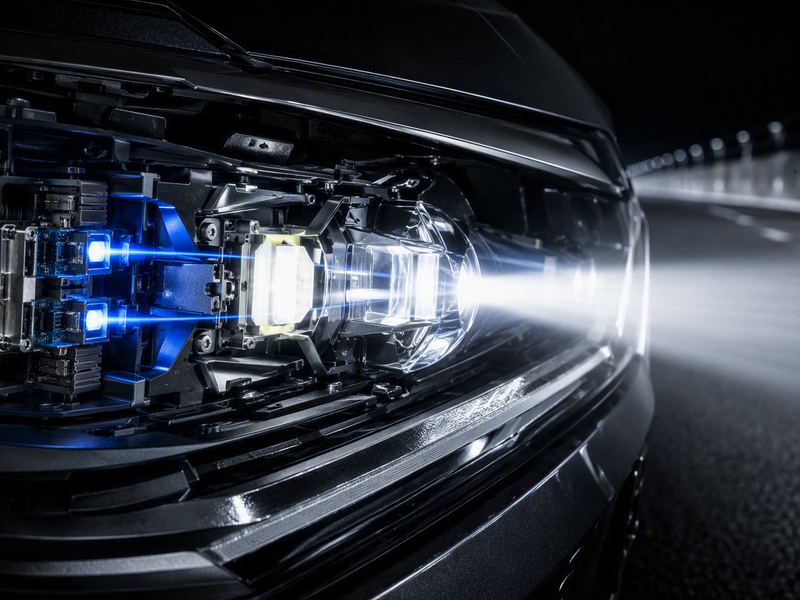 Laser-assisted headlights produce concentrated, long-range illumination through an advanced conversion system.